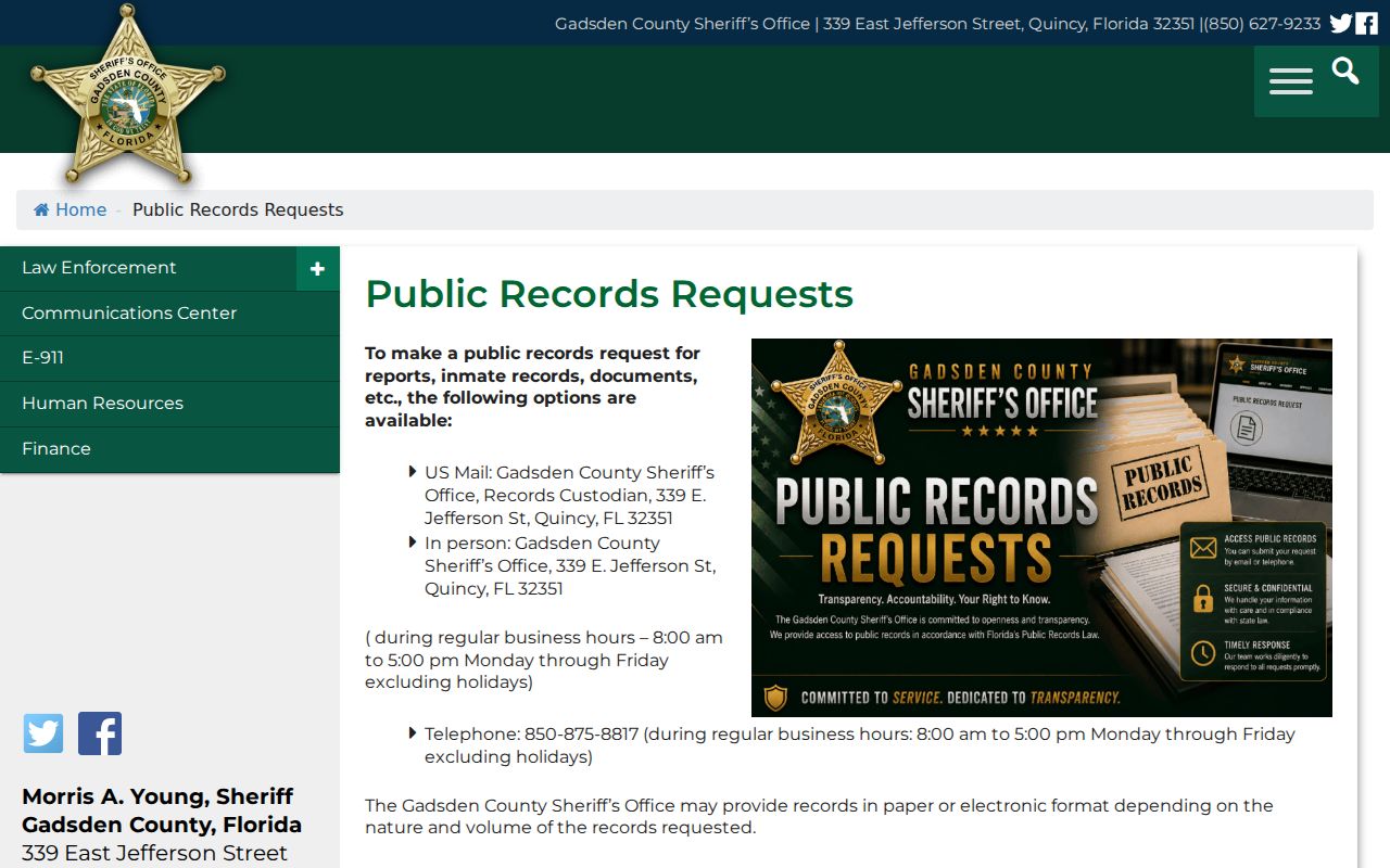 Gadsden County arrest records request channel at GCSO