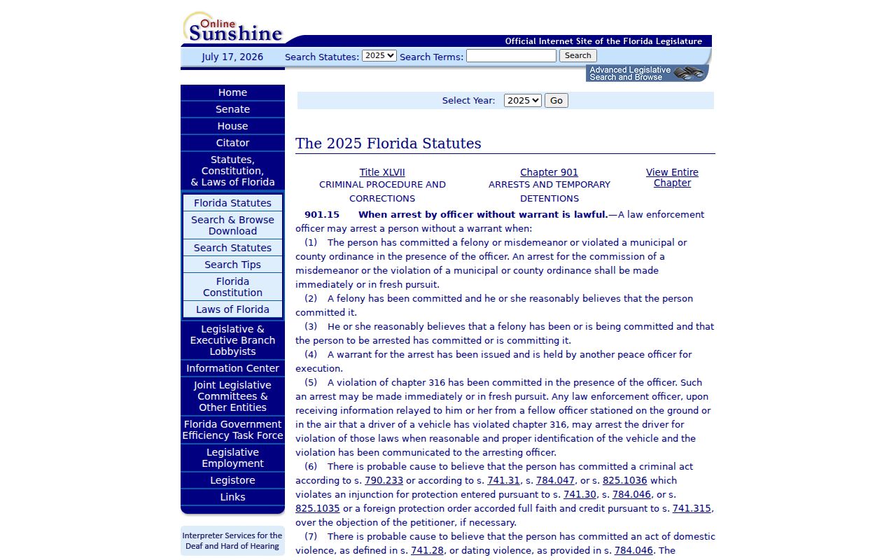 Gadsden County arrest records and Florida warrantless arrest law