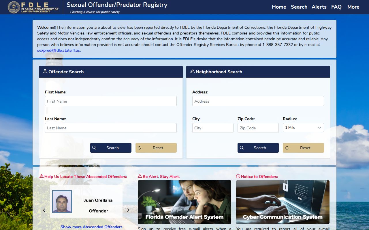 Florida registry home with name and neighborhood sex offender searches